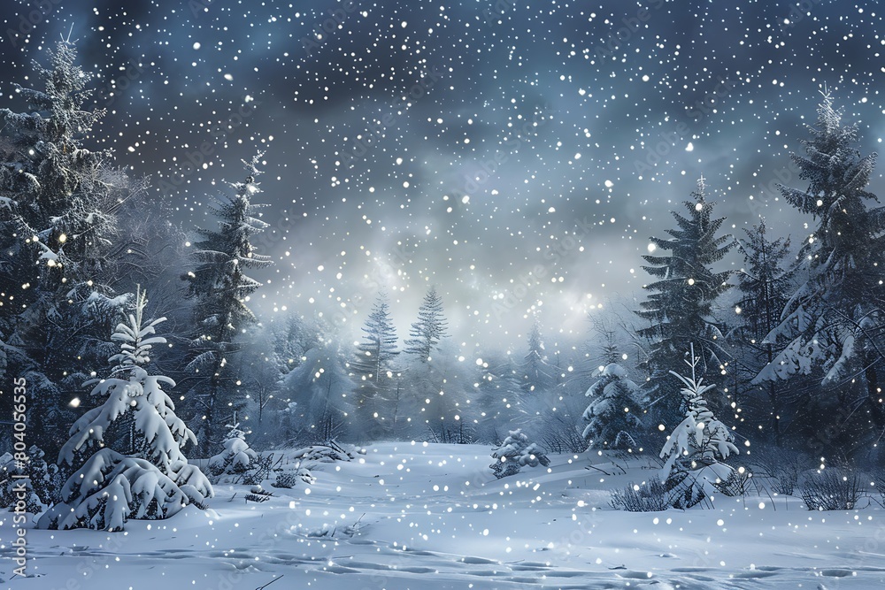 A starlit sky above a serene, snow-covered forest.