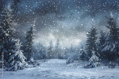 A starlit sky above a serene  snow-covered forest.