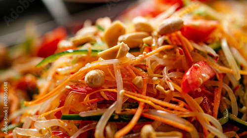 Detail shot of a mouthwatering Thai papaya salad with mixed vegetables and peanuts, ideal for healthy food promotion photo