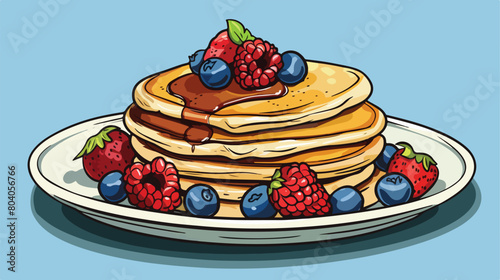 Plate with sweet pancakes and berries on blue background