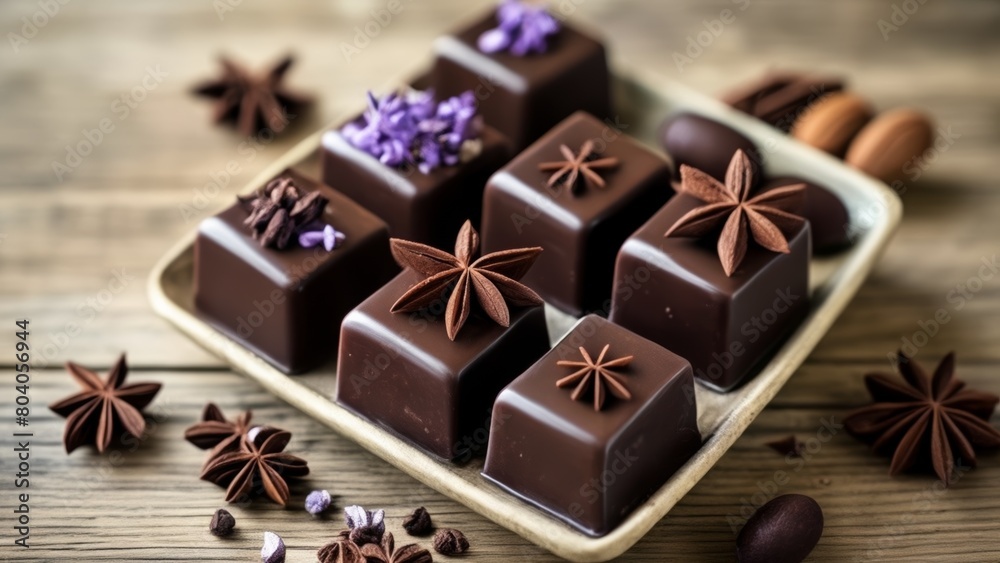  Chocolate truffles with star anise and lavender ready to be savored