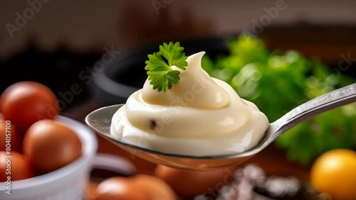 Close-up of a spoonful of smooth, creamy mayonnaise against a dark background. The sleek silver spoon contrasts with the velvety white condiment, creating an appealing visual texture. 