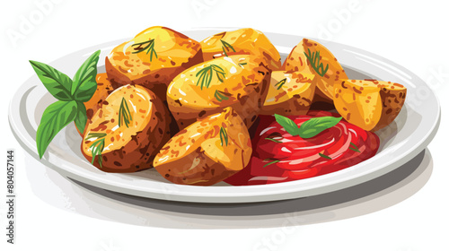Plate with tasty baked potato and tomato sauce 