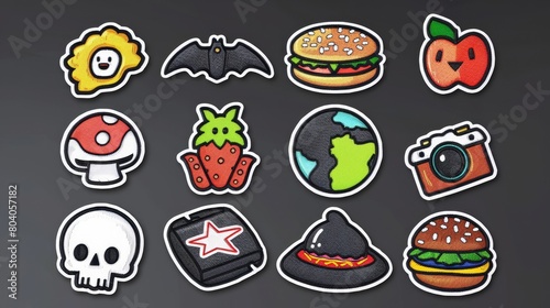 Stylish retro stickers featuring a ufo  a flower  a mushroom  a camera  a dinosaur  and a girl. Modern set of contemporary comic patches featuring hamburgers  stars  globes  bats  skulls  and apples.