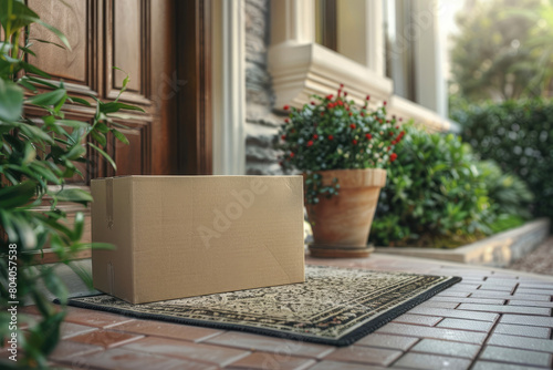 Parcel Delivery at Doorstep, door mat near entrance. Cardboard package box, parcel delivery service to home.