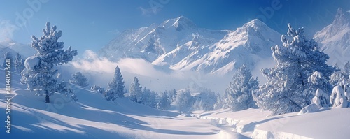 Snowy landscape on a cloudless day with pristine light in the winter in the Pyrenees mountains in France