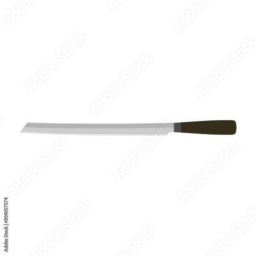 Burja, Japanese-made prosciutto knife flat design illustration isolated on white background. A traditional Japanese kitchen knife with a steel blade and wooden handle.