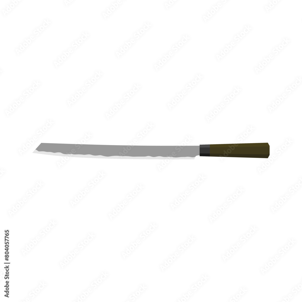 Burja, Japanese-made prosciutto knife flat design illustration isolated on white background. A traditional Japanese kitchen knife with a steel blade and wooden handle. Burja, Japanese-made prosciutto knife flat design illustration isolated on white background. A traditional Japanese kitchen knife with a steel blade and wooden handle.
