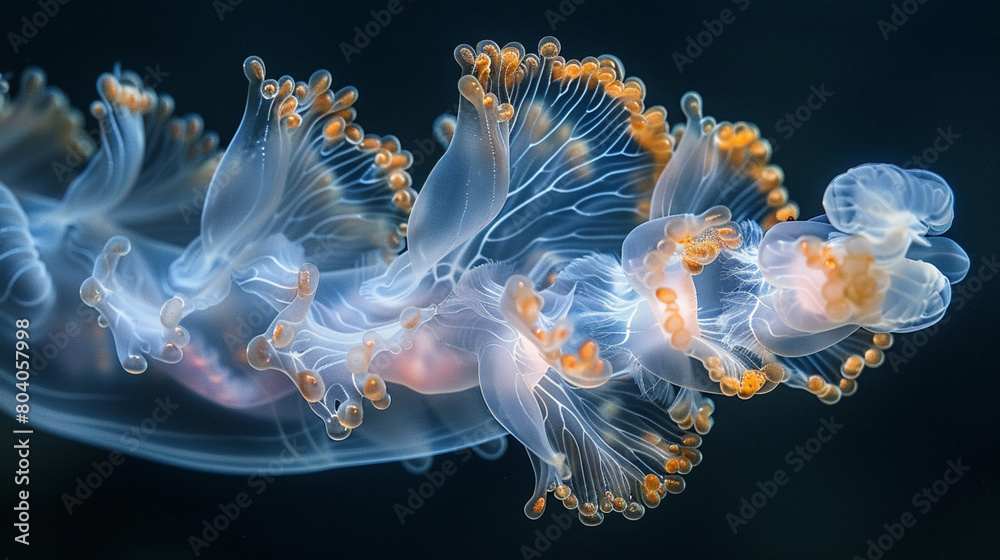 Fototapeta premium Translucent jellyfish, some glowing, drift in a tank and deep ocean darkness