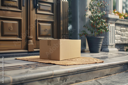 Parcel Delivery at Doorstep  door mat near entrance. Cardboard package box  parcel delivery service to home.