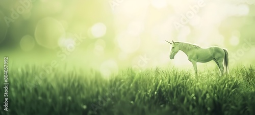 Magical Unicorn Grazing in Serene Green Meadow at Sunrise