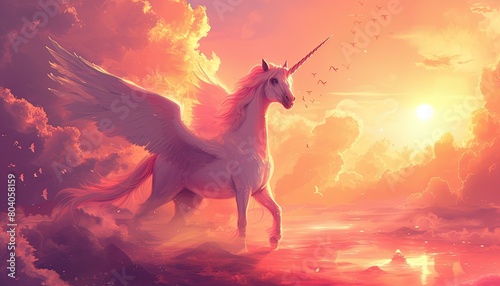 Unicorn grazes on the edge of clouds.