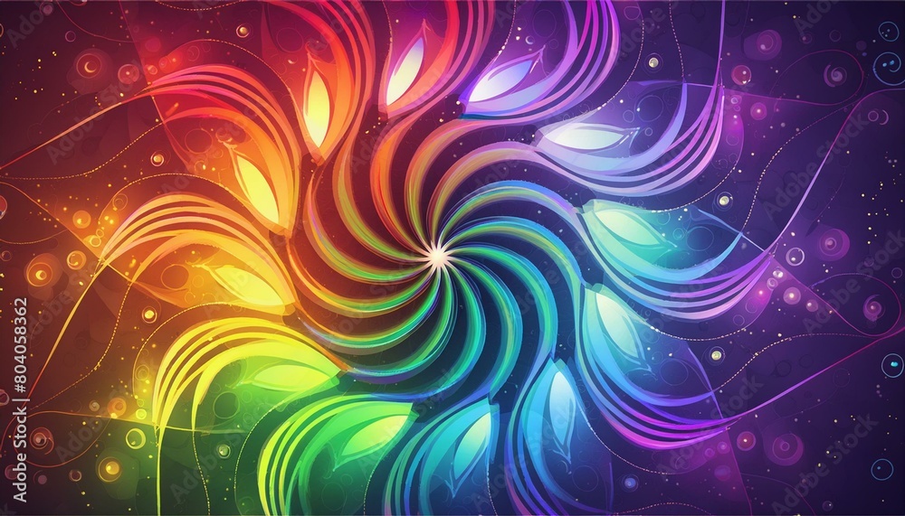 Digital art; photography rainbow colored of an abstract fractal background with kaleidoscope effect, spiral circle circular fashion on wet black backdrop and magical energy concept template, UHD, HD