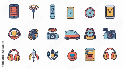 outlines of smart home and internet of things technology icons. Modern symbols of a phone, wireless watch, headphones, printer, remote control of a light and a car.