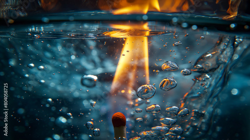A fiery matchstick is captured at the precise moment it touches the water, creating a stunning contrast between fire and water with bubbles photo