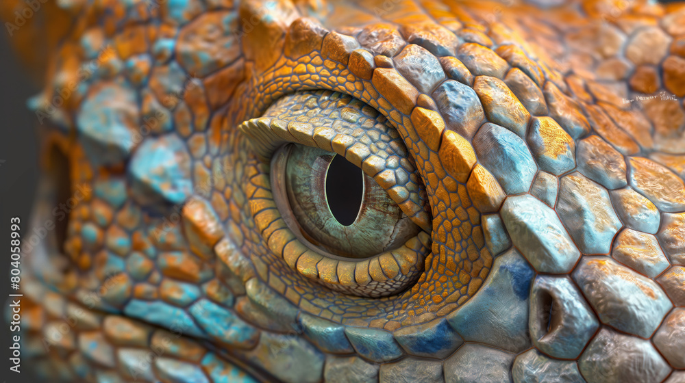 Naklejka premium This image zooms in on a reptile's eye, capturing its intricate textures and patterns, invoking a sense of awe and depth