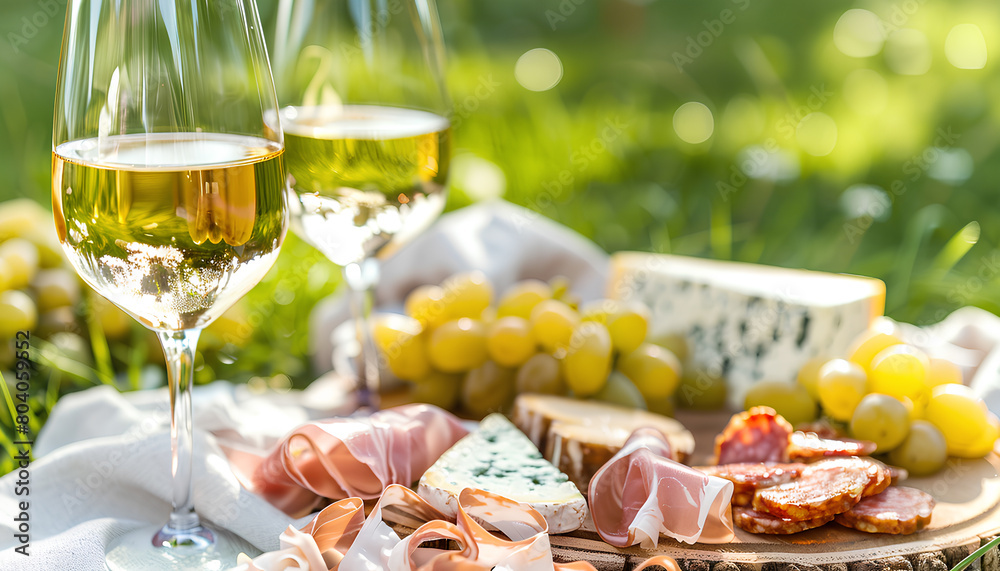 picnic with white wine served outside with cheese and charcuteri