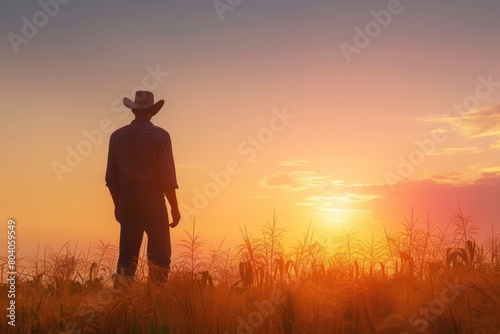 Portrait of farmer working at vegetable garden in sunset with golden ray. Smart agricultural people or researcher checking his crop while standing at farm. Agriculture sustainable concept. AIG42.