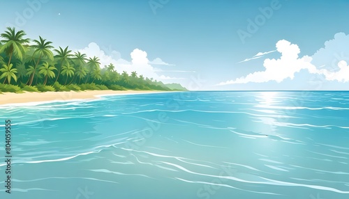  Sea beach landscape. Cartoon summer sunny day, ocean view the horizontal panorama, water sand, and clouds. Vector illustration of beach vacation background