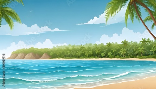  Sea beach landscape. Cartoon summer sunny day, ocean view the horizontal panorama, water sand, and clouds. Vector illustration of beach vacation background © Farjana Fim