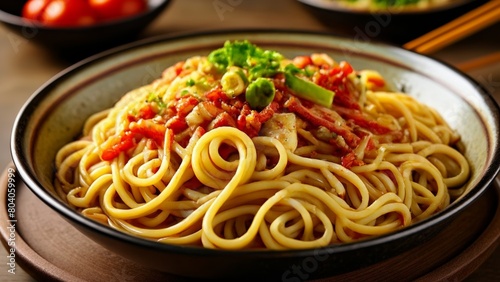  Deliciously twisted  A bowl of spaghetti with vibrant veggies