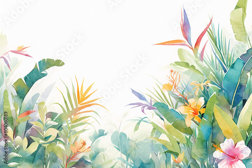 Watercolor illustration of tropical leaves and flowers. Vacation and summer travel concept. Design for a resort s promotional material. Interior poster for a spa or wellness center. Banner with copy s