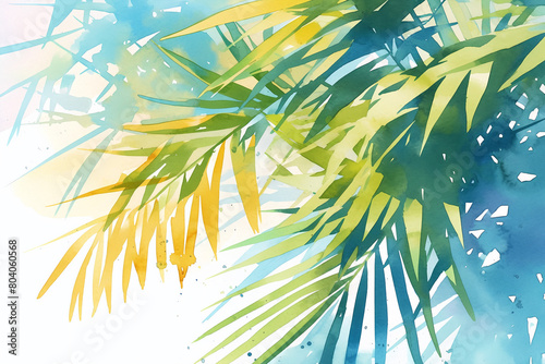 Watercolor illustration of palm leaves. Vacation and summer travel concept. Design for a resort s promotional material. Interior poster for a spa or wellness center. Banner with copy space.