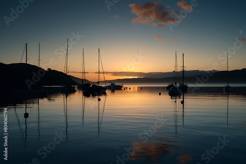 A tranquil bay at twilight, with the last light of day reflecting off the calm waters and the silhouettes of sailboats moored in the harbor against the fading sky. © crescent