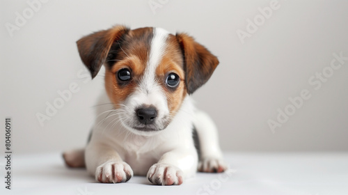 A playful Jack Russell Terrier puppy lying down and looking up. Copy space. © tiagozr