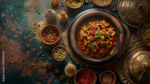 A tantalizing Moroccan stew with an assortment of spices and herbs, presented in a rustic bowl against an ambient colorful textured backdrop