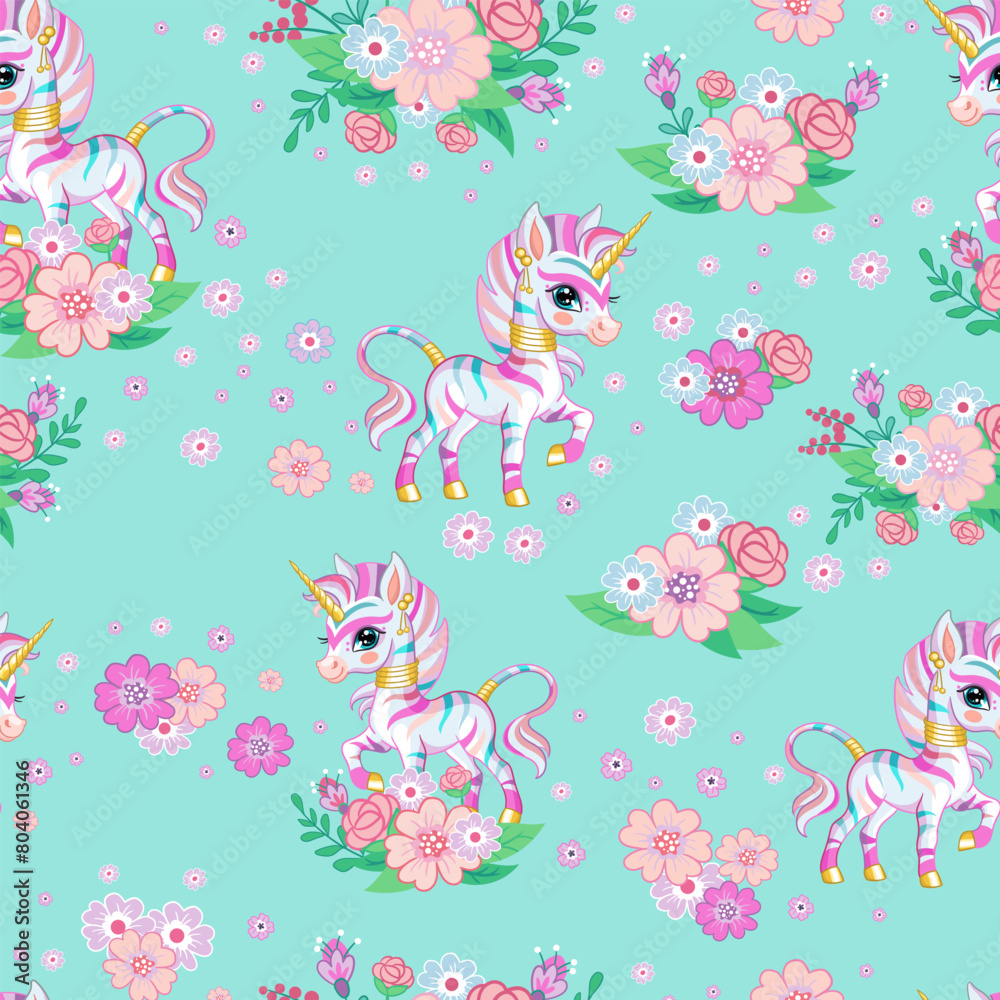 Rainbow zebra with flowers on a mint color background seamless pattern