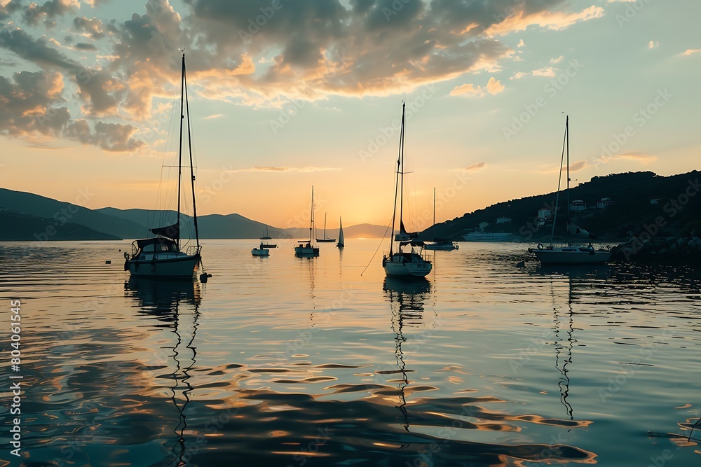 A tranquil bay at twilight, with the last light of day reflecting off the calm waters and the silhouettes of sailboats moored in the harbor against the fading sky.