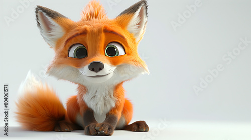An animated  smiling fox cub sitting  looking playfully at the viewer on a white background.