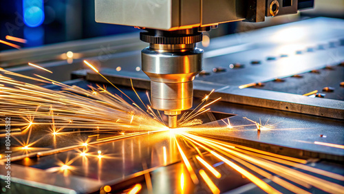 Precision laser cutting metal on a CNC machine, sparks flying in a dance of innovation. Molten metal mastery, an industrial ballet of bright sparks in vivid detail.