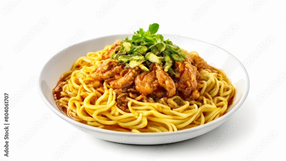 Deliciously saucy noodle dish with meat and greens Deliciously saucy noodle dish with meat and greens