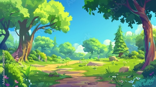 Natural landscape modern illustration showing a path through a sunlit forest. The background is a clear blue sky background with flowers blooming on bushes along the way.