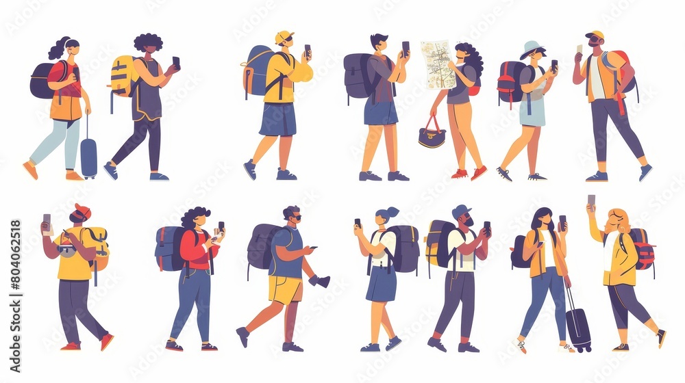 An illustration of a happy couple traveling together, flat modern illustration on white background. A male and female tourist are taking photos, studying a map, enjoying their trip, sightseeing,