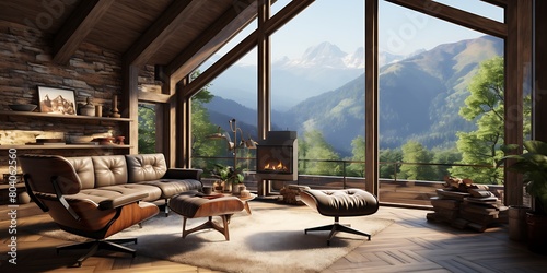 Interior of a living room with a view of the mountains. 3d rendering