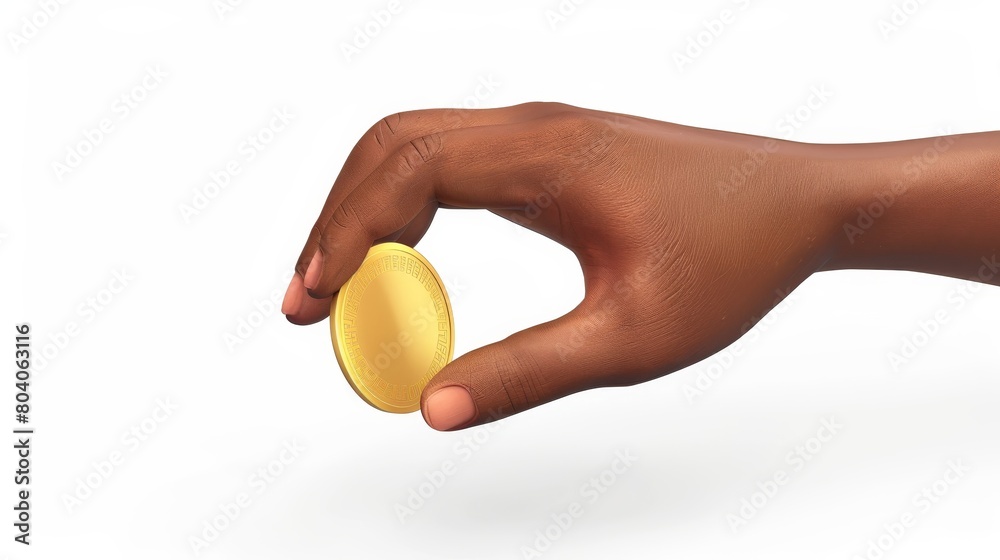 An african american person hand holds a gold coin, illustrating finance, giving money, charity, or saving concepts. 3D render illustration isolated on white. An african american person hand holds a gold coin, illustrating finance, giving money, charity, or saving concepts. 3D render illustration isolated on white.