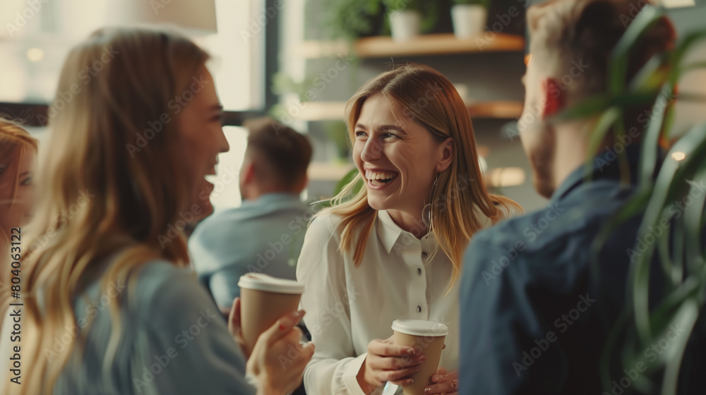 Joyful team members having conversation during seminar or morning briefing in modern conference room, laughing, joking enjoy friendly atmosphere with teammates. Business, communication, training event Joyful team members having conversation during seminar or morning briefing in modern conference room, laughing, joking enjoy friendly atmosphere with teammates. Business, communication, training event