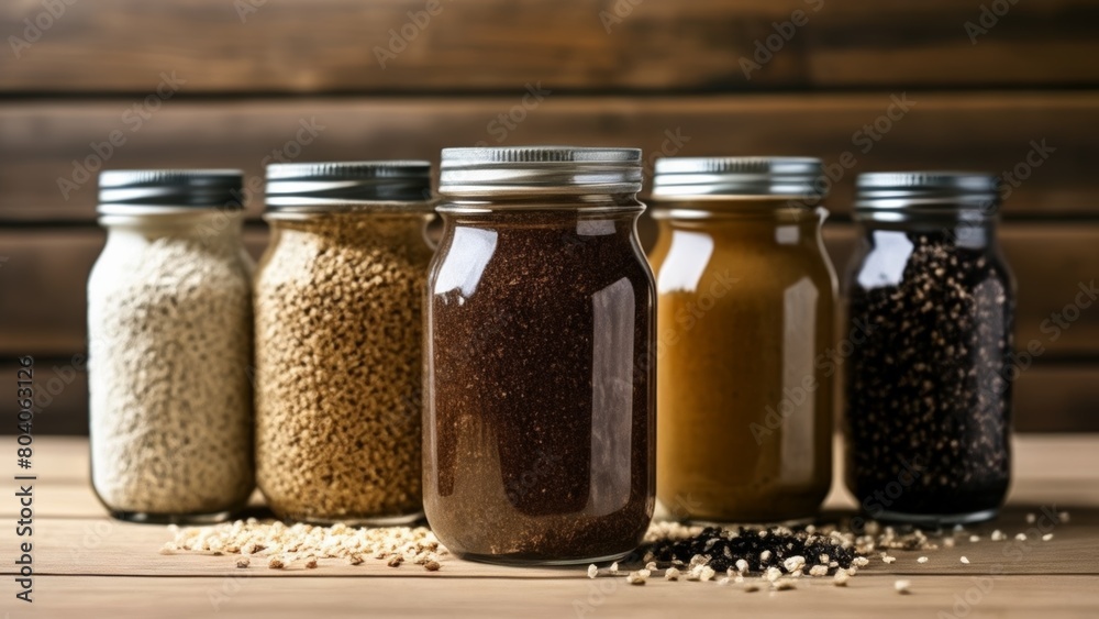 Organic grains in mason jars on rustic wooden table Organic grains in mason jars on rustic wooden table