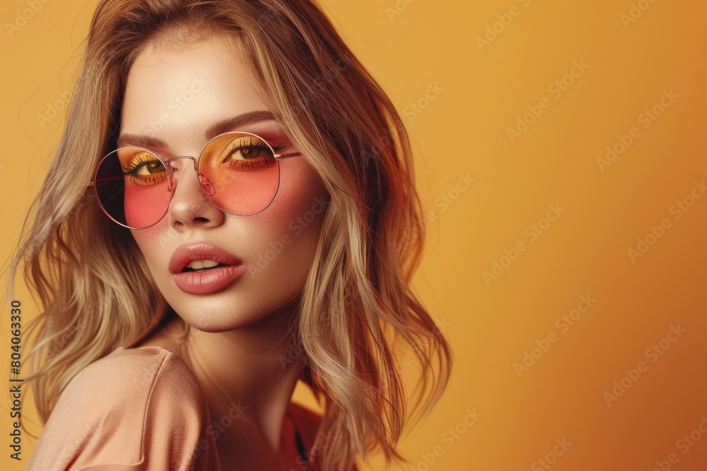 Stylish woman in sunglasses against yellow backdrop, perfect for fashion and summer concepts Stylish woman in sunglasses against yellow backdrop, perfect for fashion and summer concepts