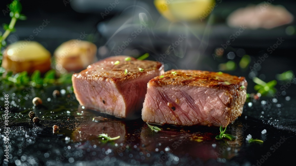 Close-up of a perfectly cooked medium-rare steak, seared and steaming, served on a dark slate surface with seasoning. Close-up of a perfectly cooked medium-rare steak, seared and steaming, served on a dark slate surface with seasoning.