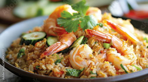 A delicious serving of shrimp fried rice with herbs, vegetables, and juicy prawns, perfect for a hearty meal
