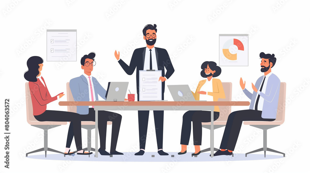 Team leader, male boss provide information to colleagues, negotiates to investors, sell company services, teach apprentices during formal meeting in conference room. Business communication, meeting
