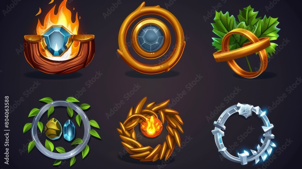 A design of wooden, silver, ice and gold rings isolated on a black background. Game icons of wooden, silver, ice and gold rings with oak leaf and fiery eye.