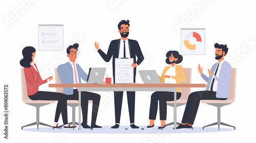 Team leader  male boss provide information to colleagues  negotiates to investors  sell company services  teach apprentices during formal meeting in conference room. Business communication  meeting