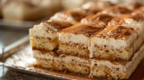 A perfect shot of a delectable tiramisu dessert on a tray  highlighting the textures and layers