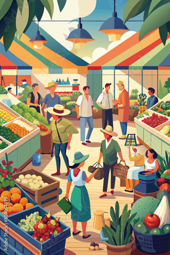 Bustling Farmer's Market with Fresh Produce and Local Shoppers