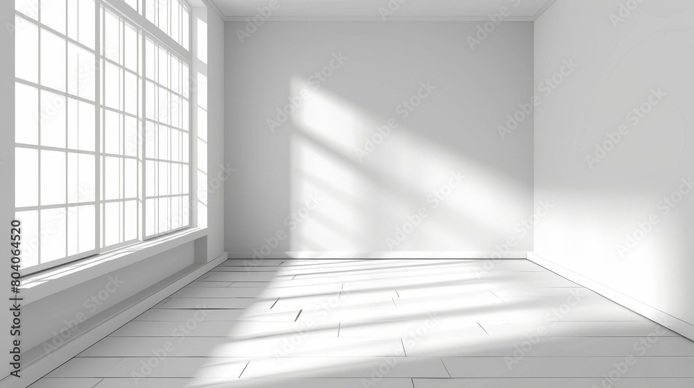 3d scene of a room corner with sun shadow from a window. Empty interior with white walls, floor, and ceiling. 3D rendering of a hall with a sun light shade perspective, Realistic 3D modern 3d scene of a room corner with sun shadow from a window. Empty interior with white walls, floor, and ceiling. 3D rendering of a hall with a sun light shade perspective, Realistic 3D modern